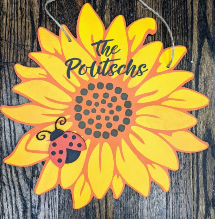 Door hanger Sunflower with Ladybug and Family Name