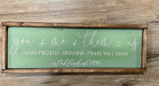 You + Me + Them= Us with family names and est date