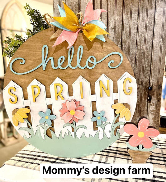 3D Door hanger Hello spring with flowers and fence